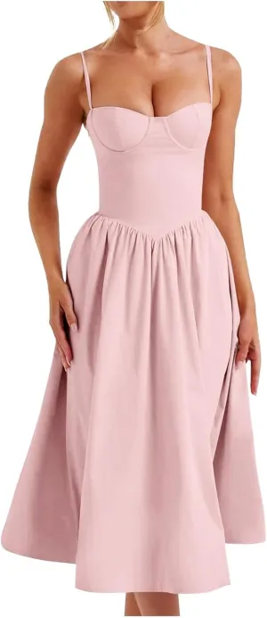 Womens Corset Dress Spaghetti Strap Bustier Midi Dress Sexy Partydress Flowy Pleated Hem Low Cut Prom Dresses