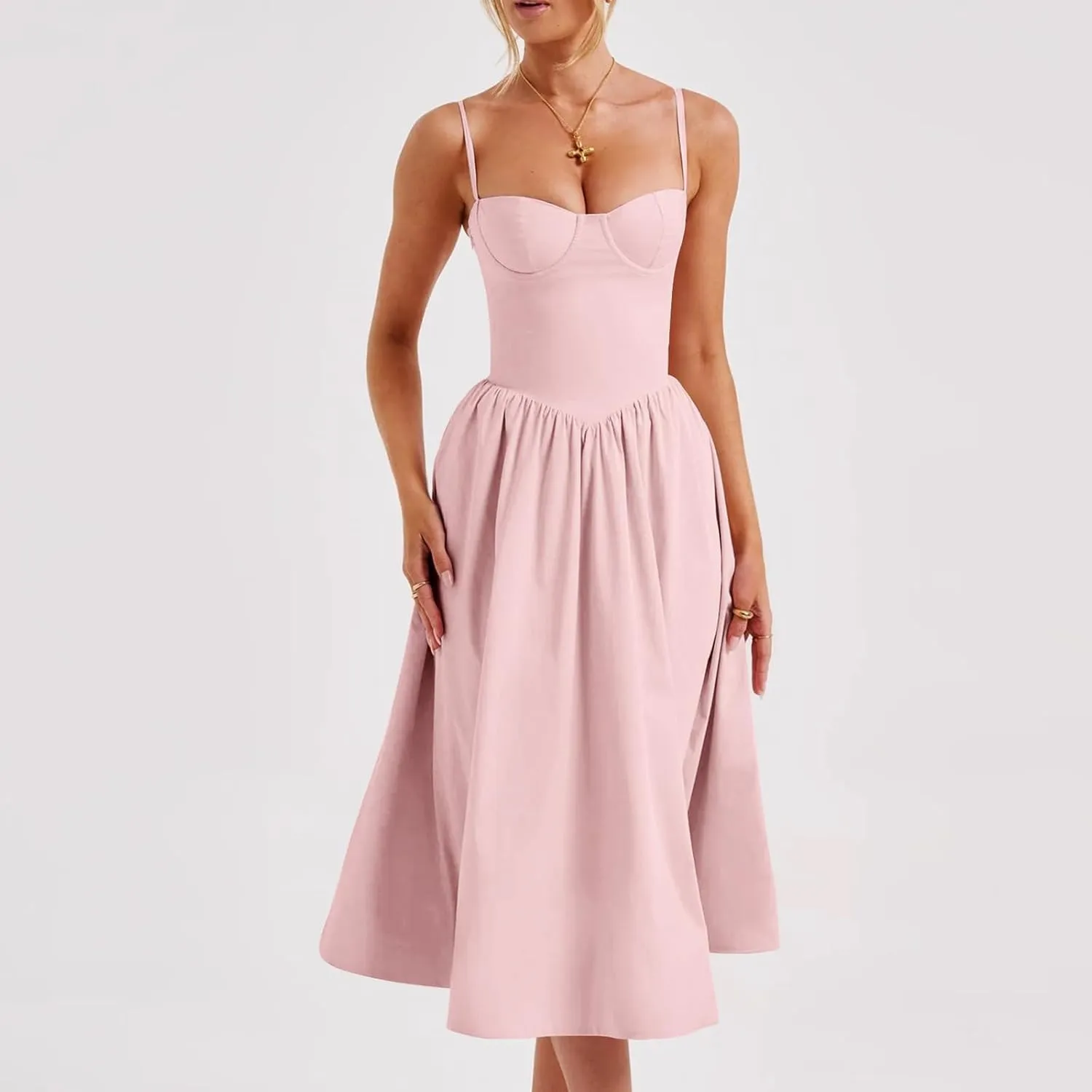 Womens Corset Dress Spaghetti Strap Bustier Midi Dress Sexy Partydress Flowy Pleated Hem Low Cut Prom Dresses