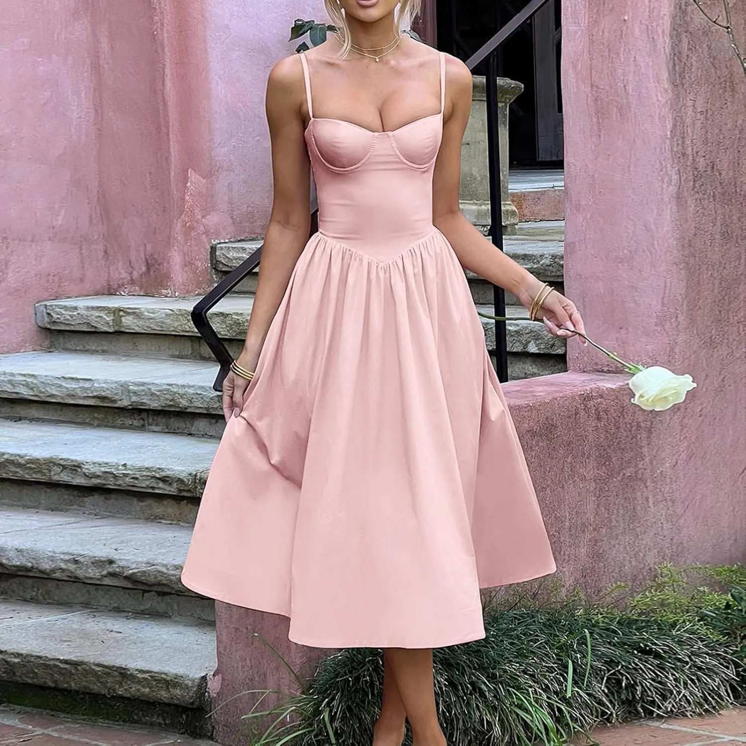 Womens Corset Dress Spaghetti Strap Bustier Midi Dress Sexy Partydress Flowy Pleated Hem Low Cut Prom Dresses