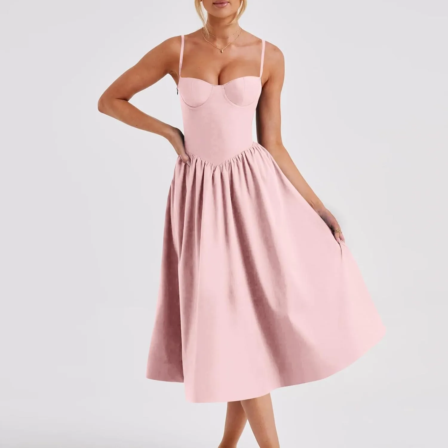 Womens Corset Dress Spaghetti Strap Bustier Midi Dress Sexy Partydress Flowy Pleated Hem Low Cut Prom Dresses