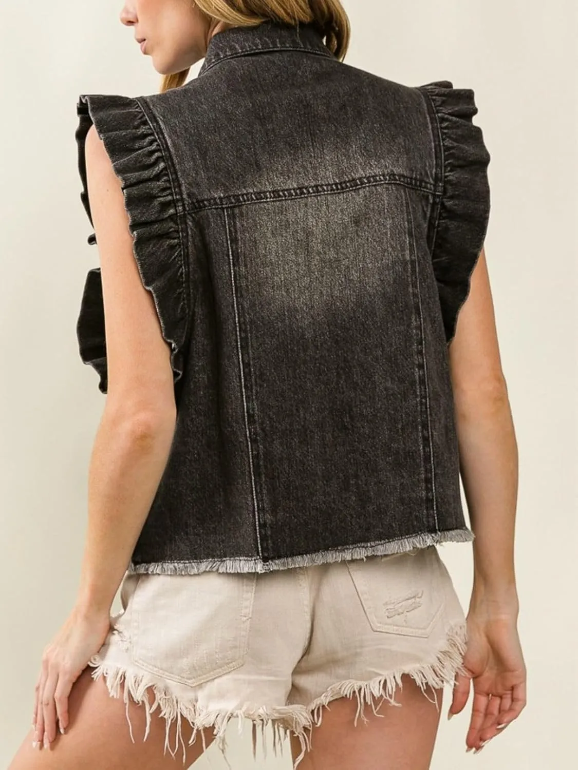 Women's Distressed Ruffled Sleeveless Denim Vest Button Down Frayed Hem Jean Jacket Turn Down Collar Waistcoat