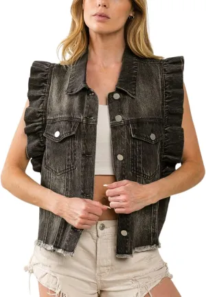 Women's Distressed Ruffled Sleeveless Denim Vest Button Down Frayed Hem Jean Jacket Turn Down Collar Waistcoat