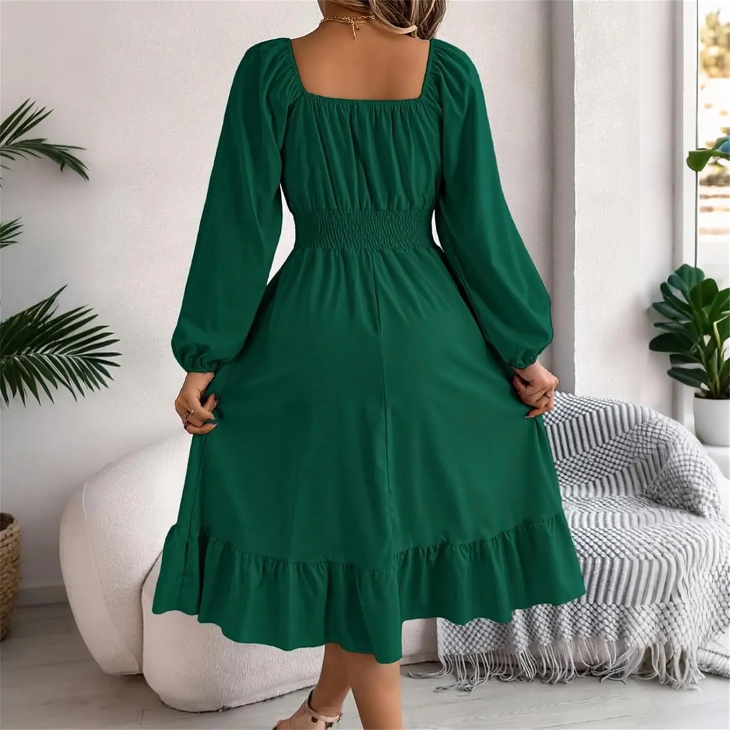 Womens Dress Long Lantern Sleeve Square Neck Elastic Waist Ruffle Flowy Swing A-Line Short Dresses 2025 Spring Fashion