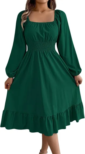 Womens Dress Long Lantern Sleeve Square Neck Elastic Waist Ruffle Flowy Swing A-Line Short Dresses 2025 Spring Fashion