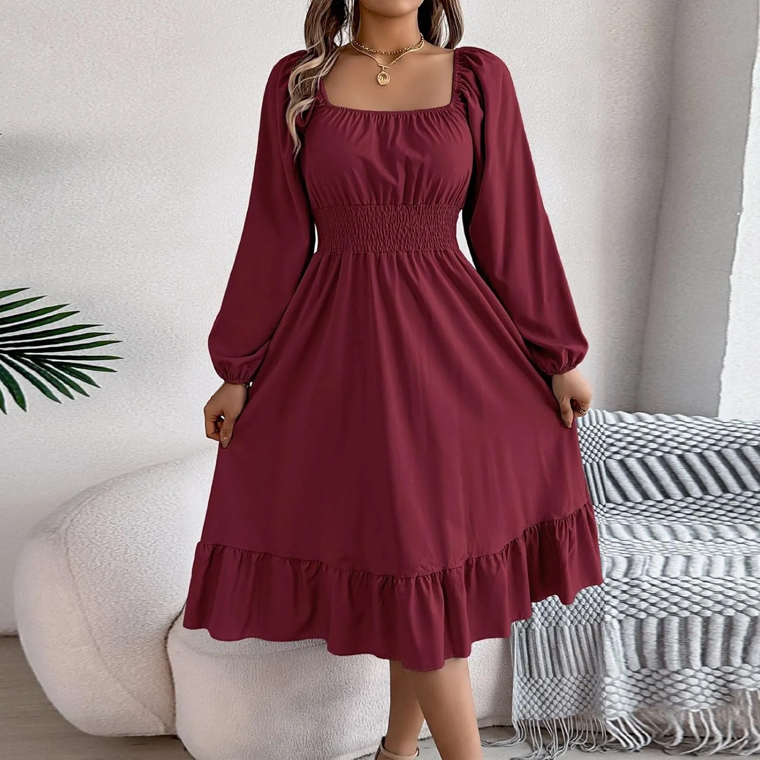 Womens Dress Long Lantern Sleeve Square Neck Elastic Waist Ruffle Flowy Swing A-Line Short Dresses 2025 Spring Fashion