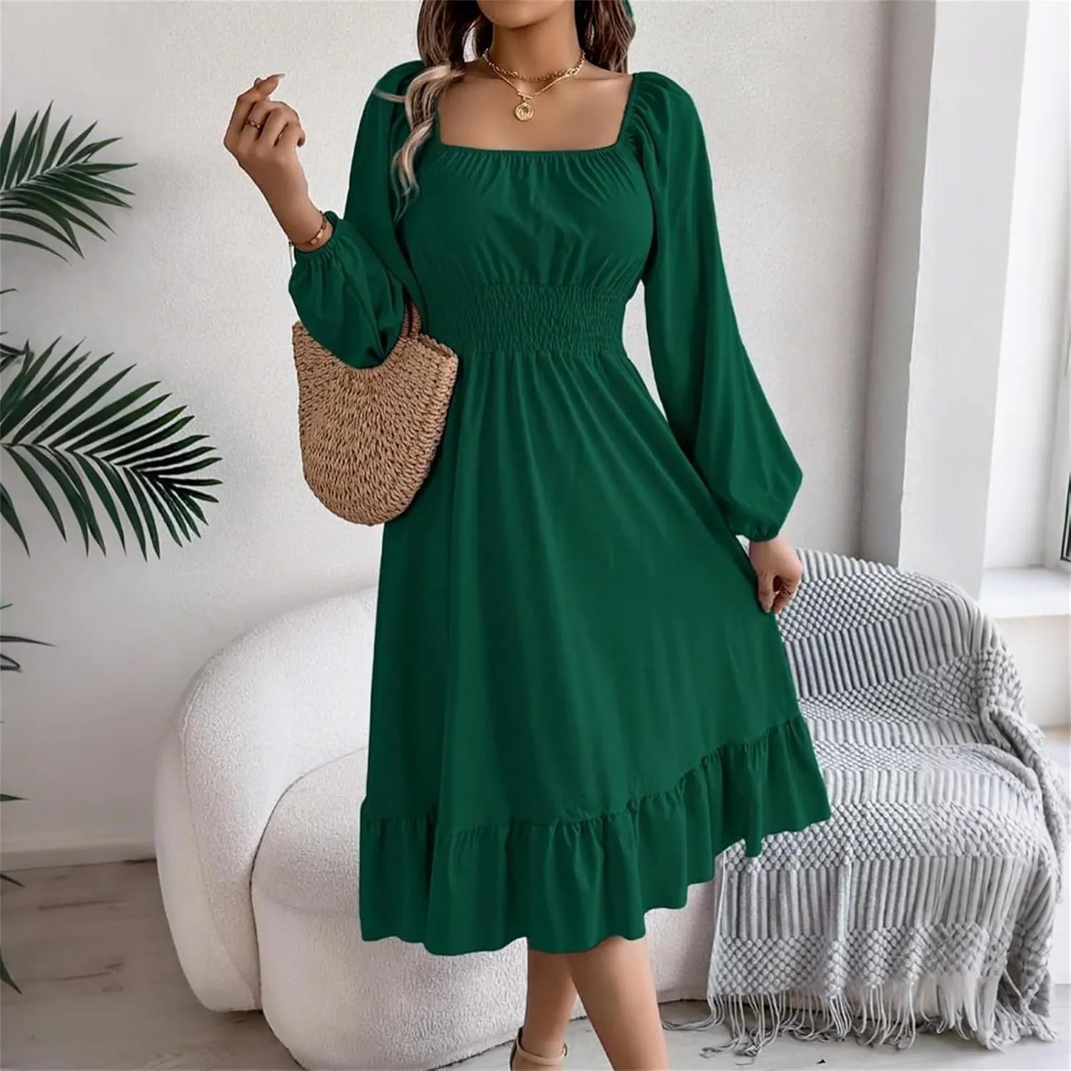 Womens Dress Long Lantern Sleeve Square Neck Elastic Waist Ruffle Flowy Swing A-Line Short Dresses 2025 Spring Fashion