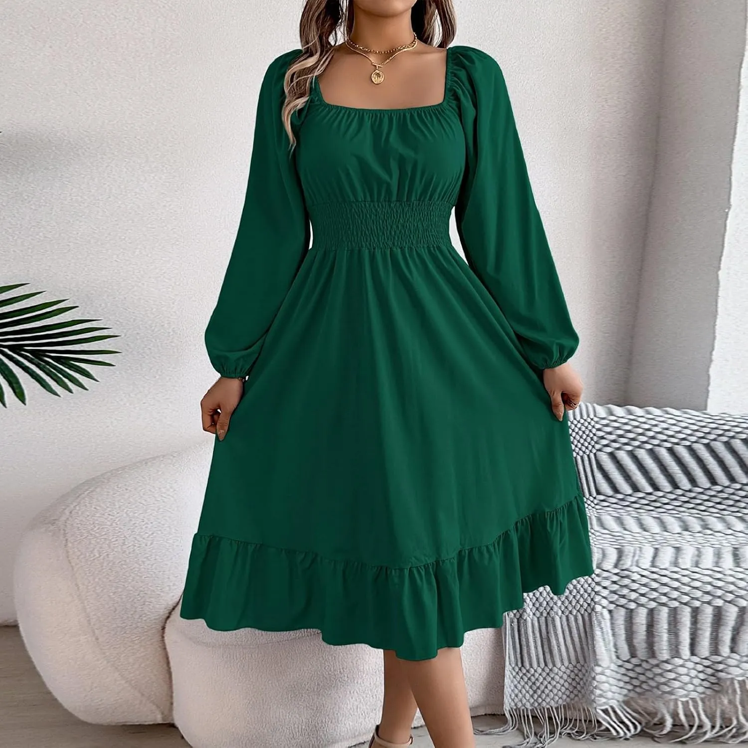 Womens Dress Long Lantern Sleeve Square Neck Elastic Waist Ruffle Flowy Swing A-Line Short Dresses 2025 Spring Fashion
