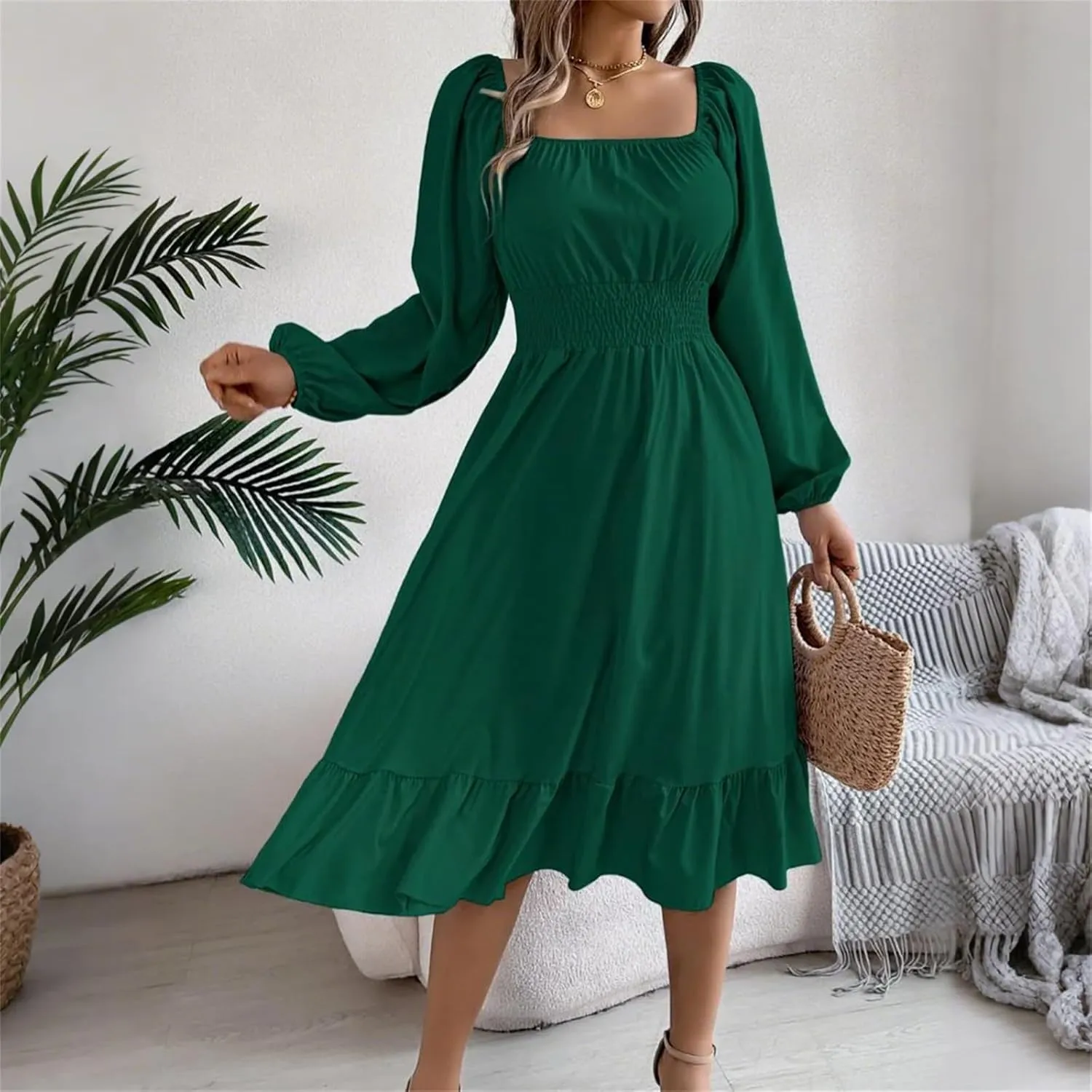 Womens Dress Long Lantern Sleeve Square Neck Elastic Waist Ruffle Flowy Swing A-Line Short Dresses 2025 Spring Fashion