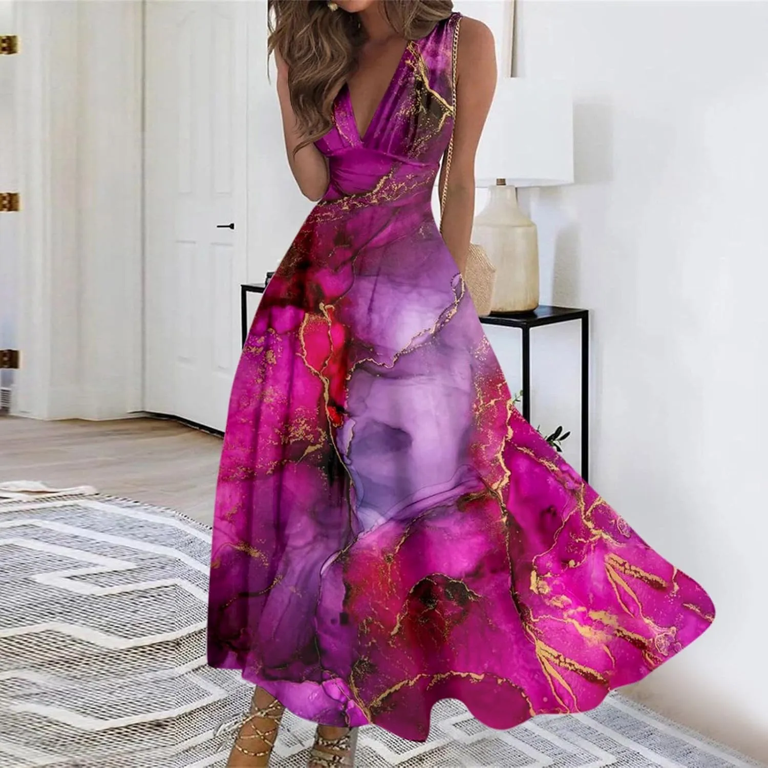 Womens Dresses Floral Print Sleeveless Boho Dress Wrap V Neck Flowy Ruched Beach Dresses Spring Maxi Dress