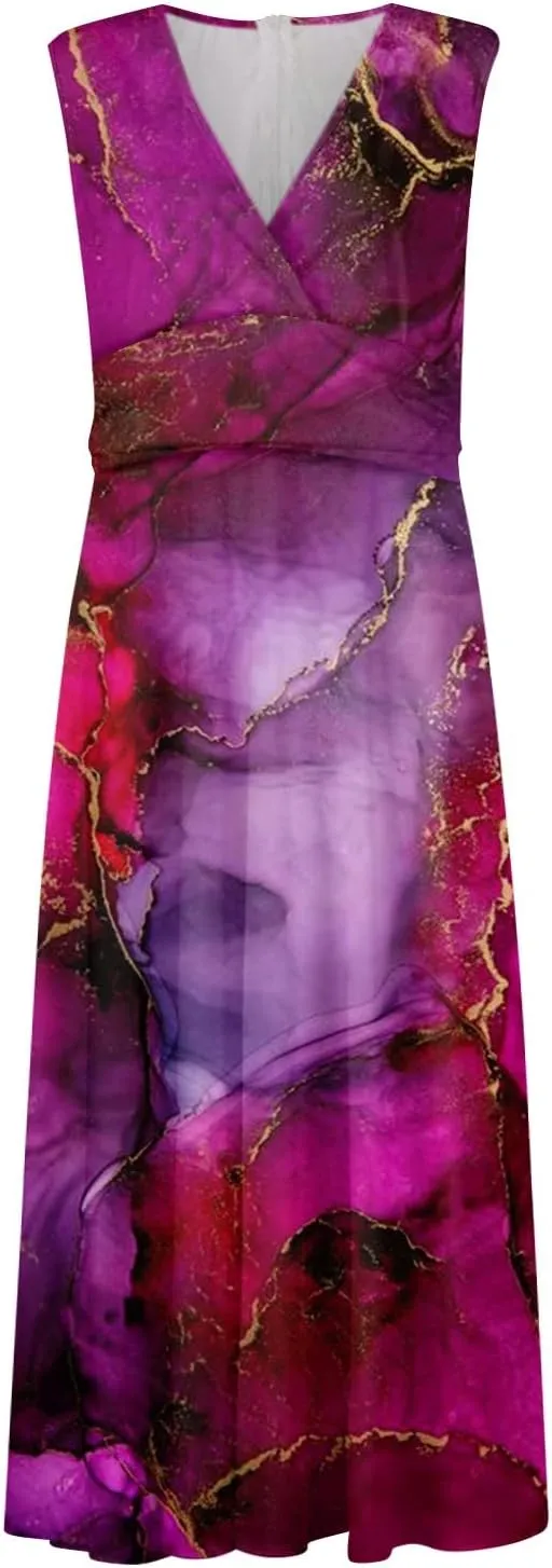 Womens Dresses Floral Print Sleeveless Boho Dress Wrap V Neck Flowy Ruched Beach Dresses Spring Maxi Dress