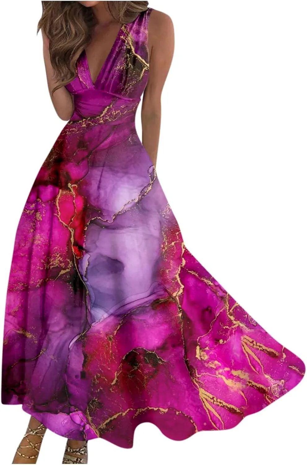 Womens Dresses Floral Print Sleeveless Boho Dress Wrap V Neck Flowy Ruched Beach Dresses Spring Maxi Dress