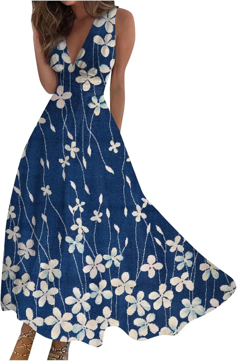 Womens Dresses Wrap V Neck Flowy Ruched Beach Dresses Sleeveless Floral Print Sundresses Elegant Maxi Dress