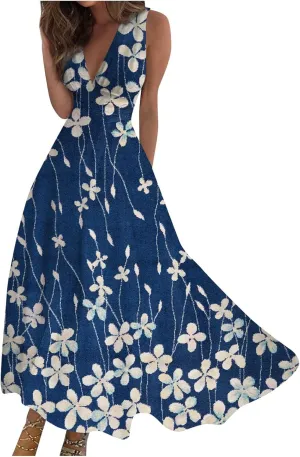 Womens Dresses Wrap V Neck Flowy Ruched Beach Dresses Sleeveless Floral Print Sundresses Elegant Maxi Dress