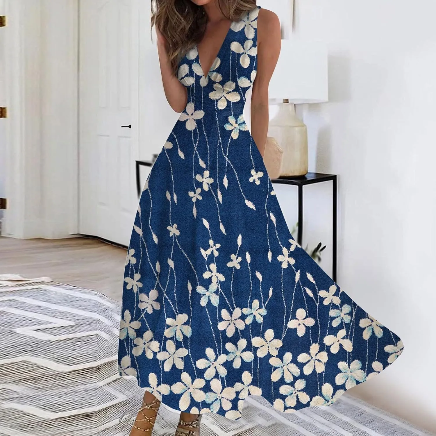 Womens Dresses Wrap V Neck Flowy Ruched Beach Dresses Sleeveless Floral Print Sundresses Elegant Maxi Dress