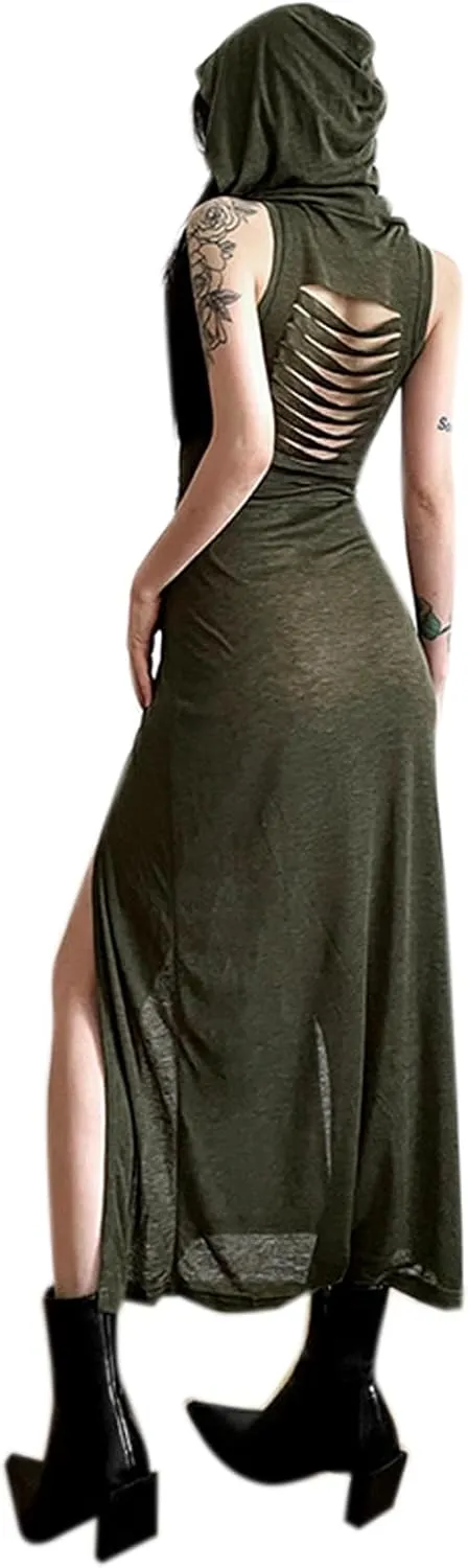 Women's Gothic Sleeveless Hooded Dress Y2K Side Split Hollow Out Midi Dress Bodycon Cocktail Party Club Dresses