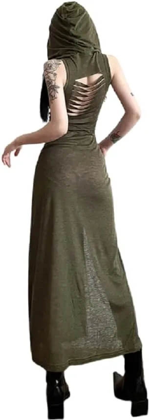 Women's Gothic Sleeveless Hooded Dress Y2K Side Split Hollow Out Midi Dress Bodycon Cocktail Party Club Dresses