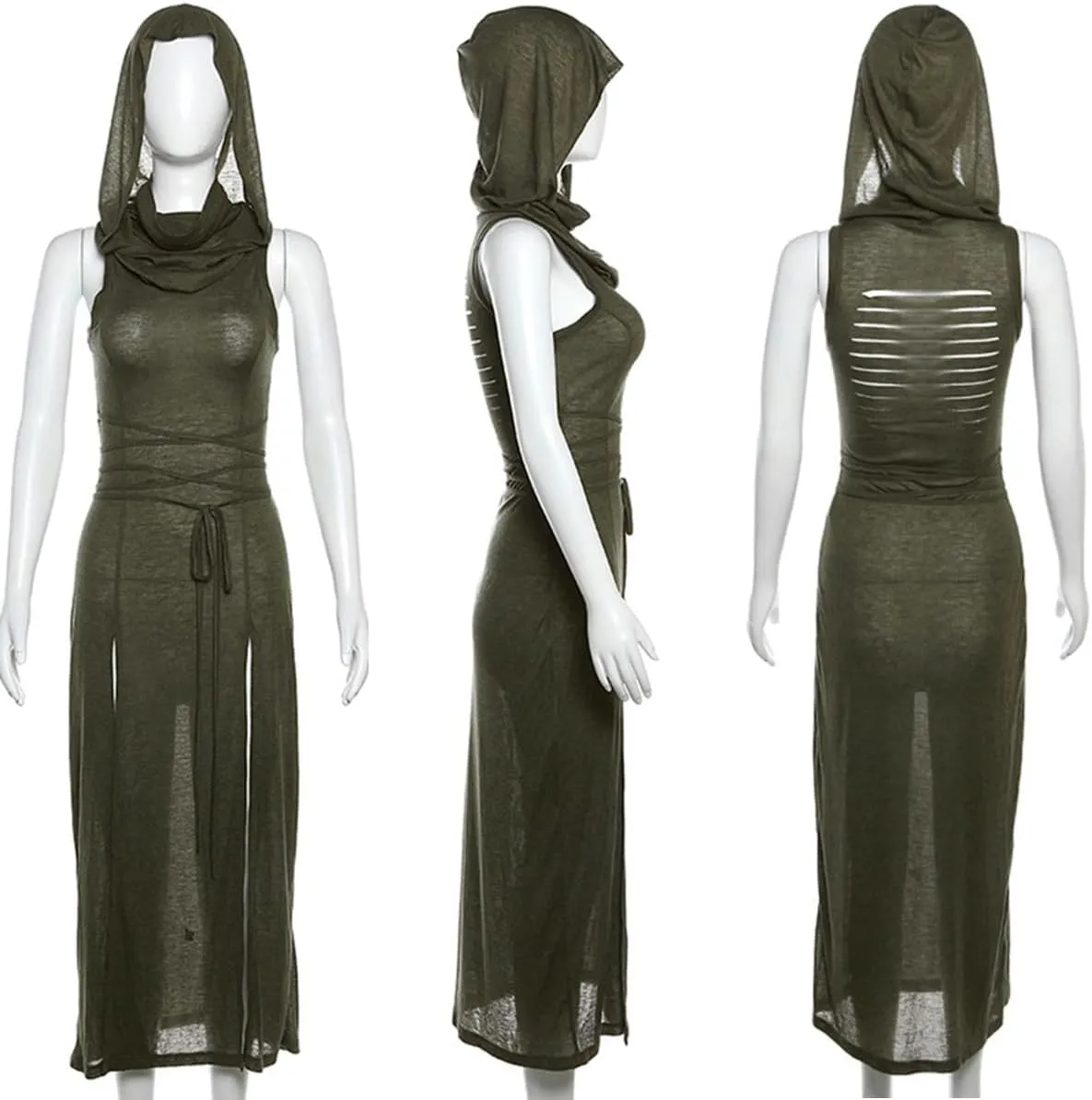 Women's Gothic Sleeveless Hooded Dress Y2K Side Split Hollow Out Midi Dress Bodycon Cocktail Party Club Dresses