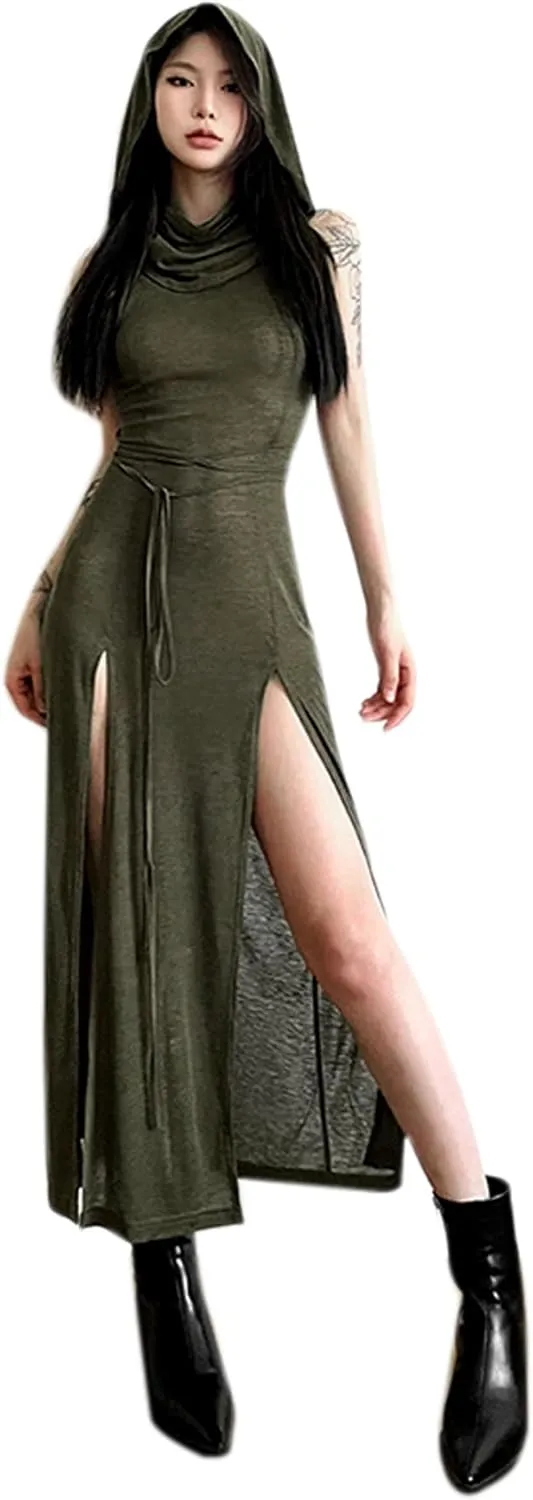 Women's Gothic Sleeveless Hooded Dress Y2K Side Split Hollow Out Midi Dress Bodycon Cocktail Party Club Dresses