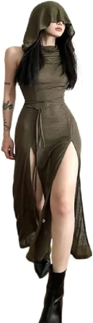 Women's Gothic Sleeveless Hooded Dress Y2K Side Split Hollow Out Midi Dress Bodycon Cocktail Party Club Dresses