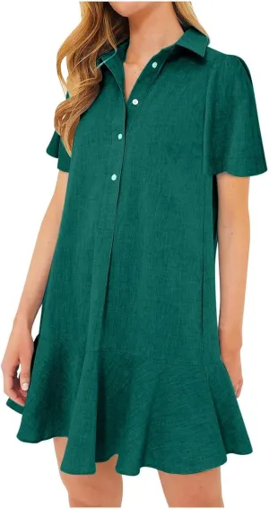 Women's Half Button Down Shirt Dress Summer Casual Lapel Short Sleeve Cotton Linen Dress Ruffle Shift Mini Dresses