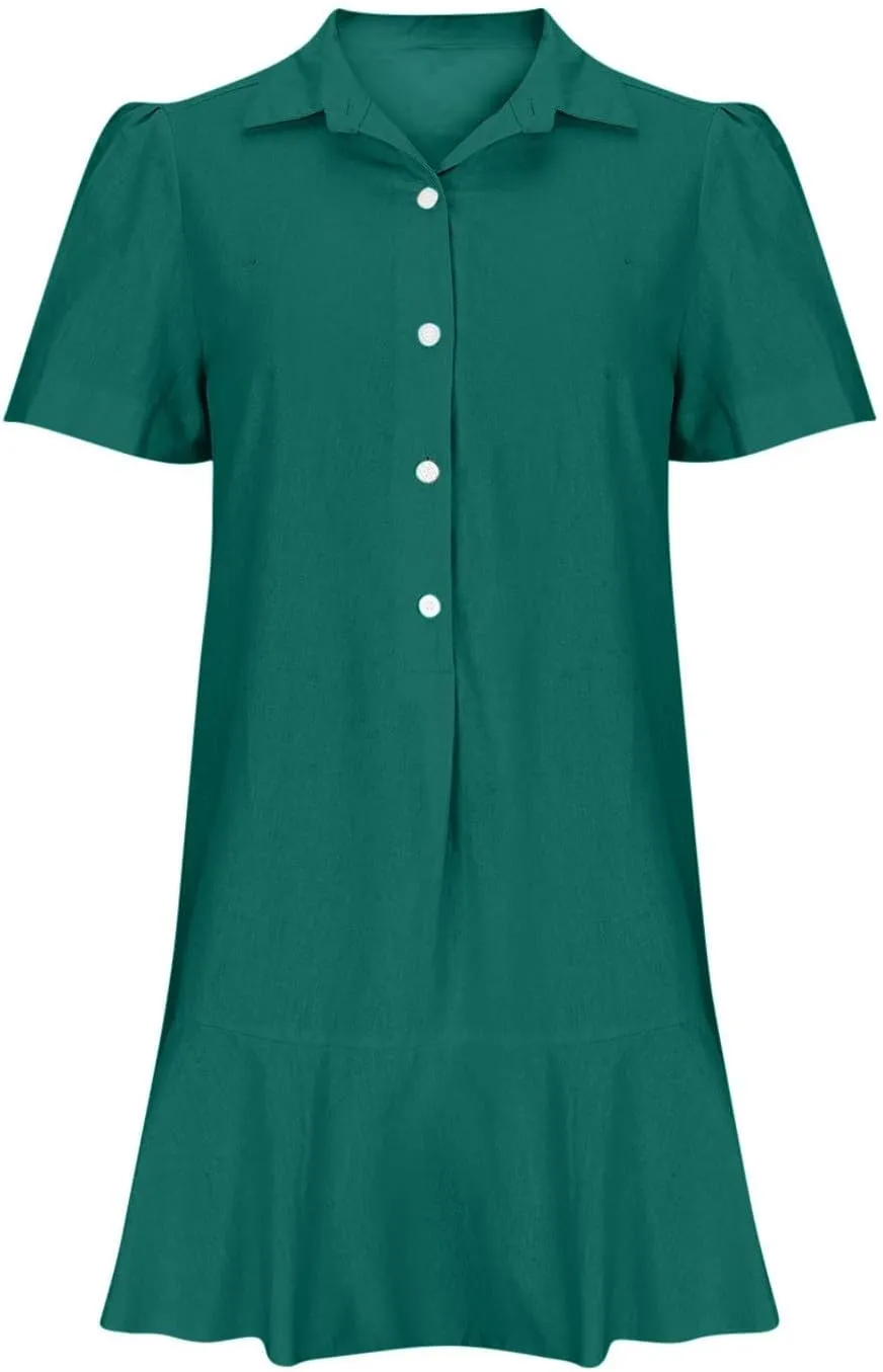 Women's Half Button Down Shirt Dress Summer Casual Lapel Short Sleeve Cotton Linen Dress Ruffle Shift Mini Dresses
