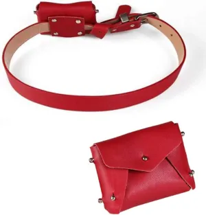 Women's Leather Belt Fanny Pack with Removable Belt Small Purse Belt Fanny Bag Vintage Party Tote Handbag Solid Style (Red)