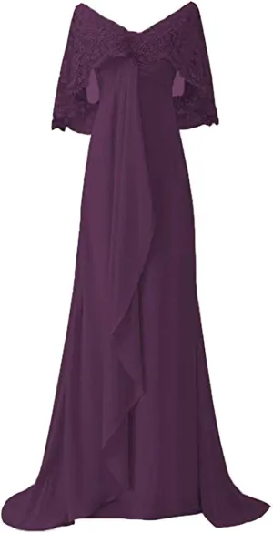 Women's Long Prom Dress Short Sleeve V Neck Chiffon Evening Gown