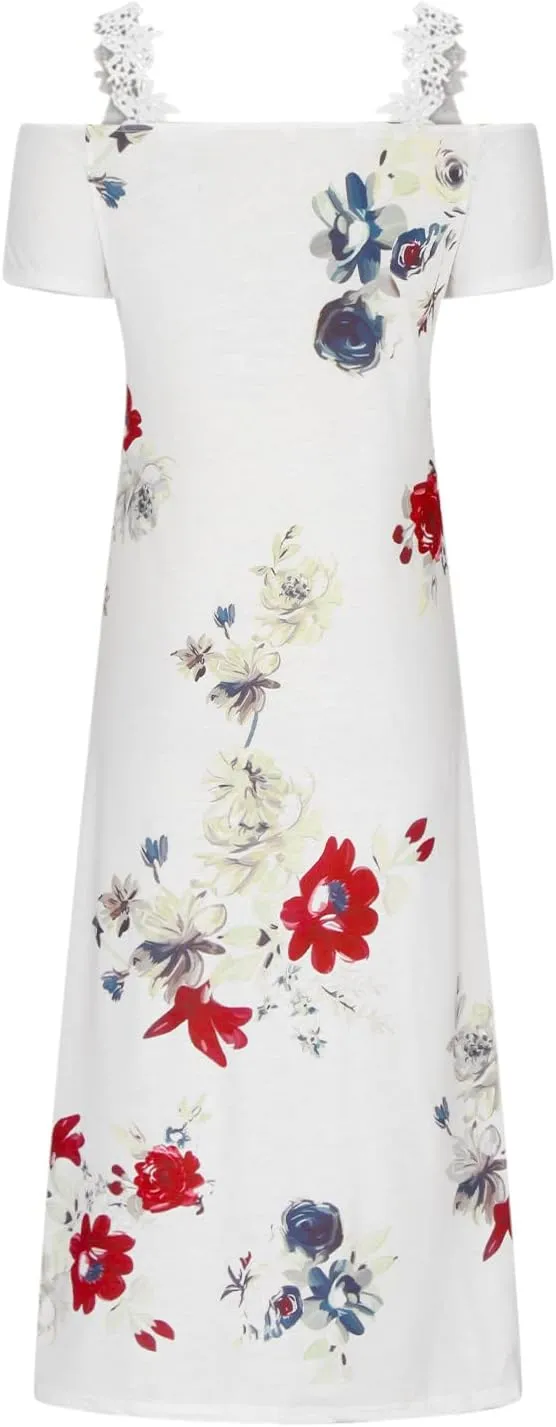 Womens Maxi Dress Lace Strap Sexy Sundresses V Neck Floral Dresses Cold Shoulder Short Sleeve Vacation Cami Dress