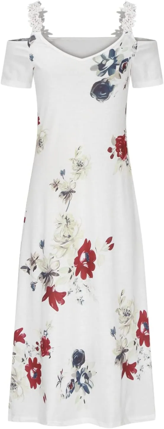 Womens Maxi Dress Lace Strap Sexy Sundresses V Neck Floral Dresses Cold Shoulder Short Sleeve Vacation Cami Dress