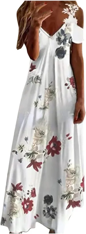 Womens Maxi Dress Lace Strap Sexy Sundresses V Neck Floral Dresses Cold Shoulder Short Sleeve Vacation Cami Dress