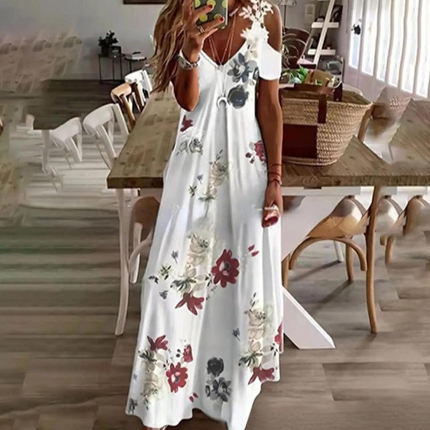 Womens Maxi Dress Lace Strap Sexy Sundresses V Neck Floral Dresses Cold Shoulder Short Sleeve Vacation Cami Dress