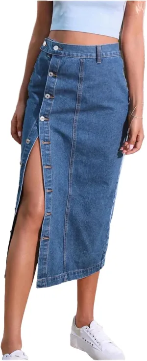 Women's Maxi Pencil Jean Skirt High Waisted A-Line Long Denim Skirts Ins Button Down Side Split Hem Skirt