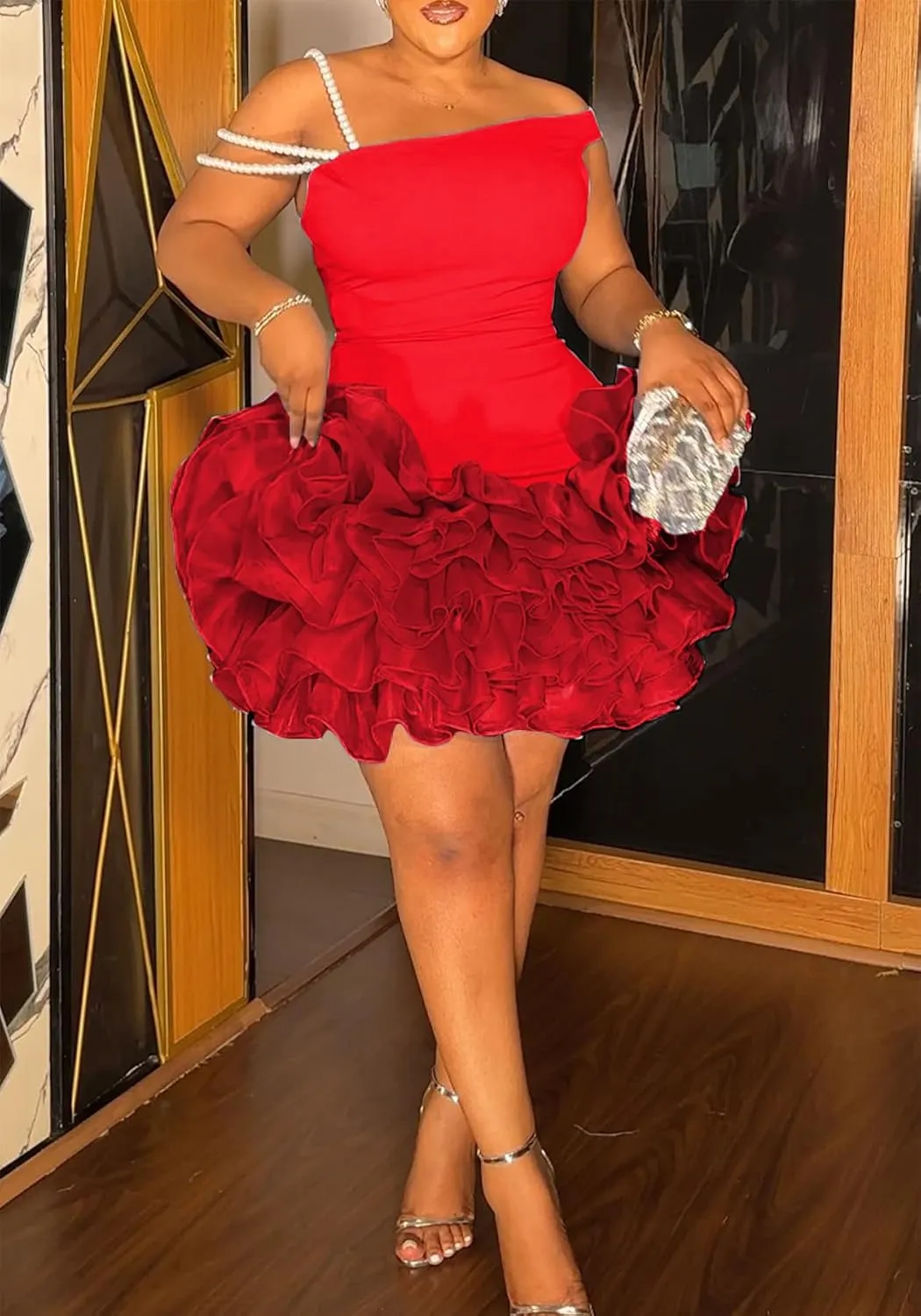 Women's Mini Tutu Dress Sexy Bodycon Sleeveless Off Shoulder Solid Ruffles Lace Layered Hem Party Cocktail Dresses