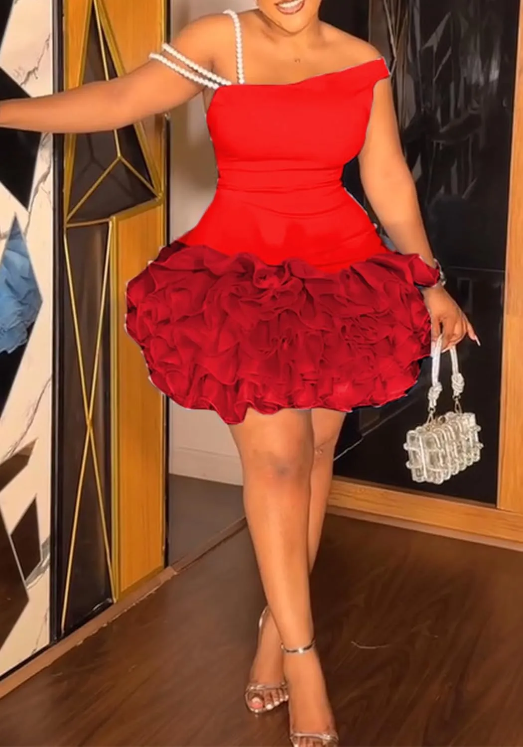 Women's Mini Tutu Dress Sexy Bodycon Sleeveless Off Shoulder Solid Ruffles Lace Layered Hem Party Cocktail Dresses