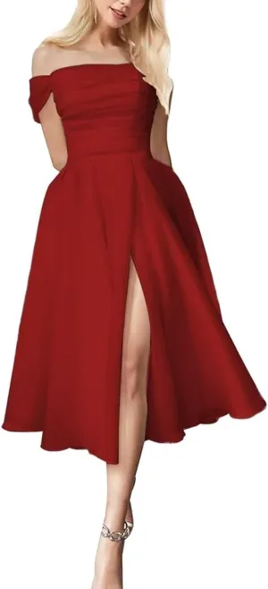 Women's Off The Shoulder Tea Length Wedding Dresses for Bride Tulle A Line Midi Bridal Party Dress with Slit