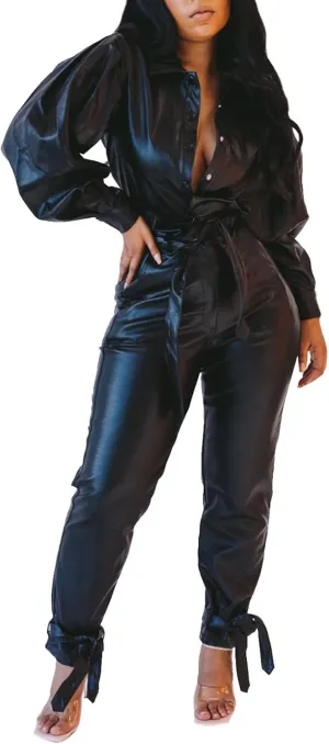 Womens Outfit Bodysuit Jumpsuit Set - Pu Leather Button Up Jacket Coat Knot Bodycon Pant Set Clubwear