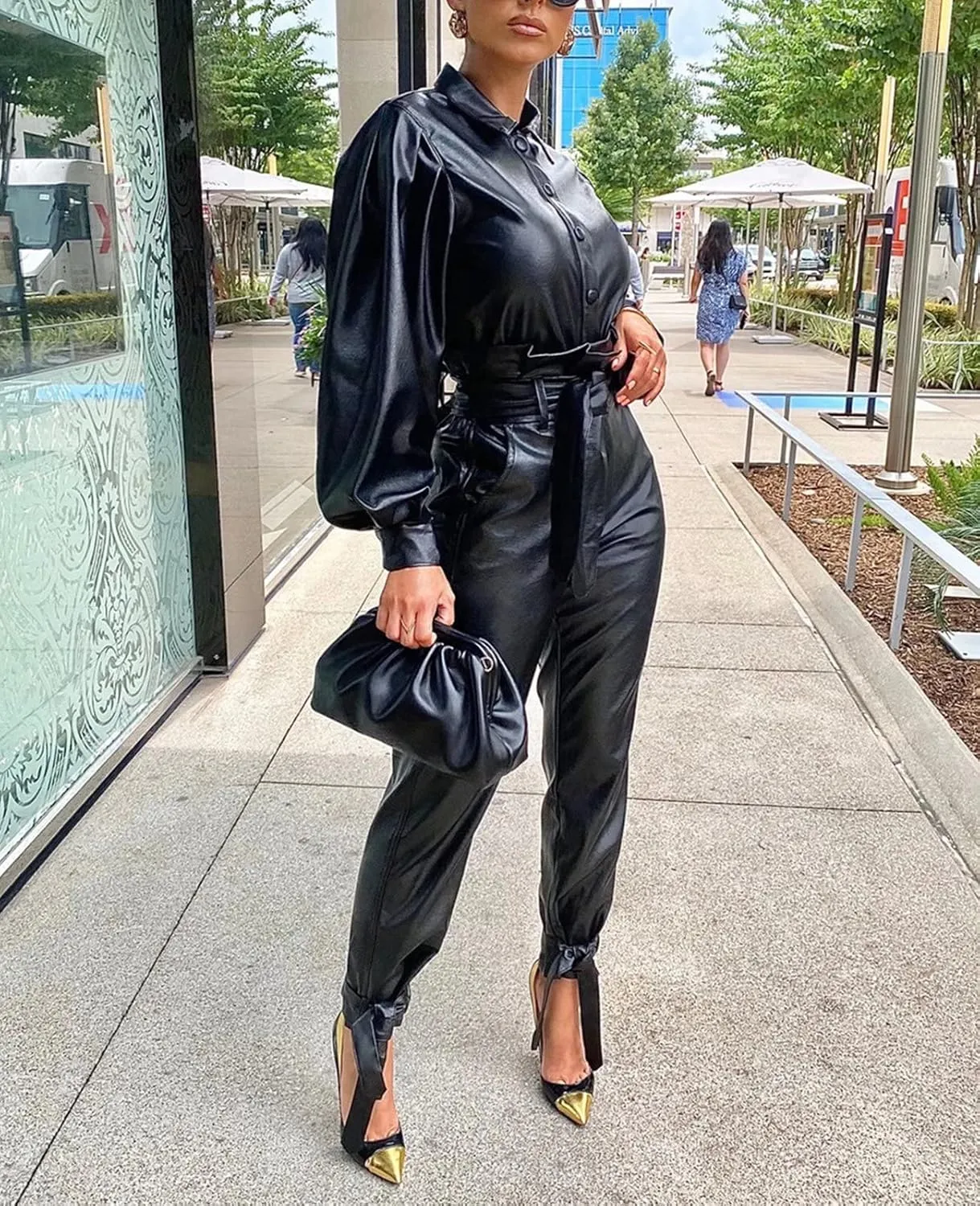 Womens Outfit Bodysuit Jumpsuit Set - Pu Leather Button Up Jacket Coat Knot Bodycon Pant Set Clubwear