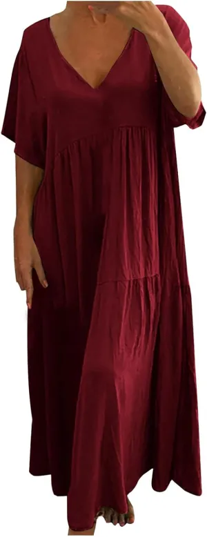 Womens Oversized Long Dress Flowy Cotton Linen Maxi Dresses Smocked Casual Floor Length Beach Dress Baggy Sundresses
