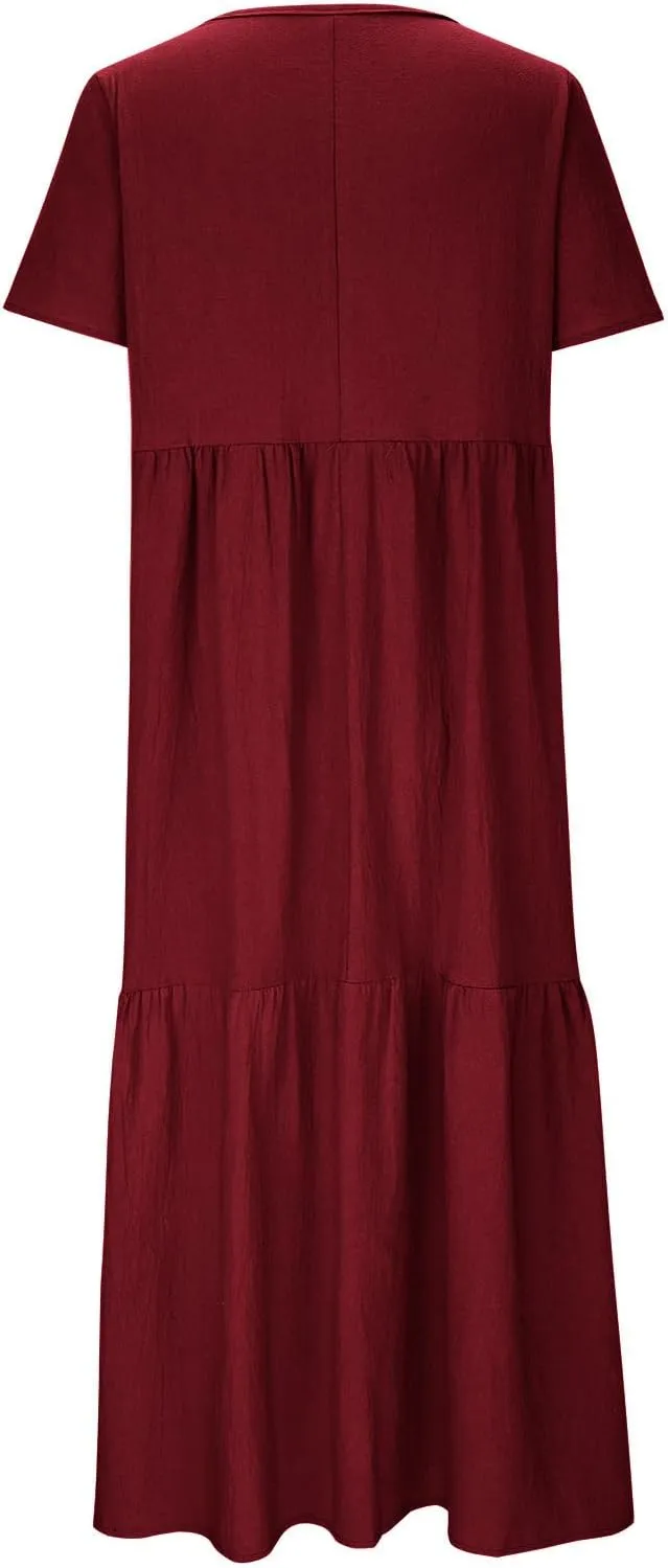 Womens Oversized Long Dress Flowy Cotton Linen Maxi Dresses Smocked Casual Floor Length Beach Dress Baggy Sundresses
