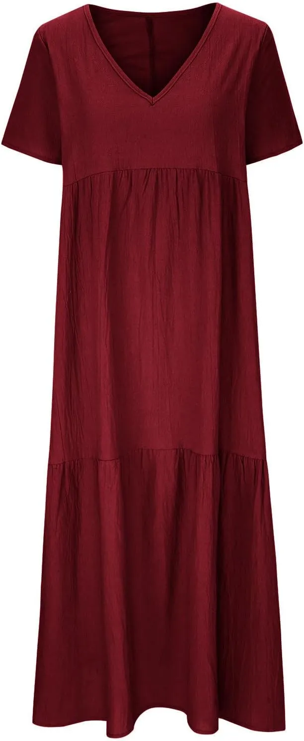 Womens Oversized Long Dress Flowy Cotton Linen Maxi Dresses Smocked Casual Floor Length Beach Dress Baggy Sundresses