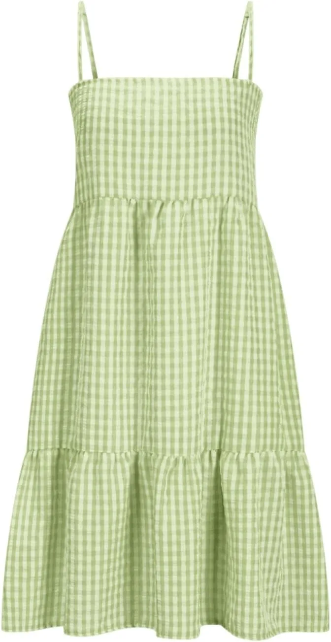 Womens Plaid A-Line Tank Dresses Spaghetti Straps Tiered Ruffle Hem Swing Flowy Casual Mini Dress with Side Pockets