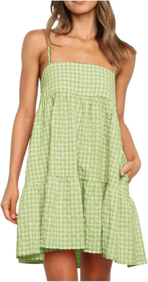 Womens Plaid A-Line Tank Dresses Spaghetti Straps Tiered Ruffle Hem Swing Flowy Casual Mini Dress with Side Pockets