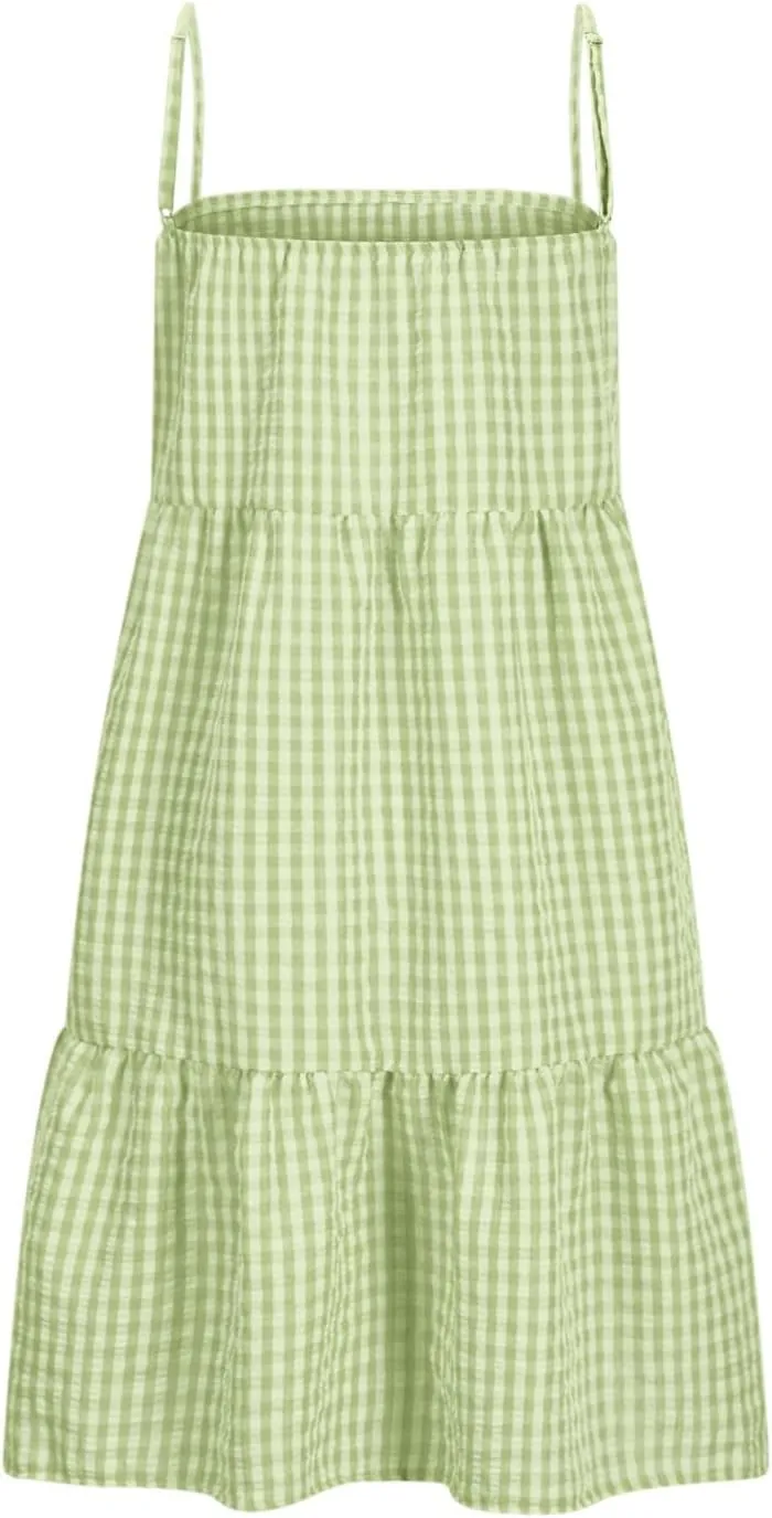 Womens Plaid A-Line Tank Dresses Spaghetti Straps Tiered Ruffle Hem Swing Flowy Casual Mini Dress with Side Pockets