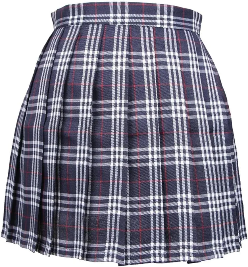 Womens Plaid Midi Pleated Skirt Women High Waist Knee Length Skirts