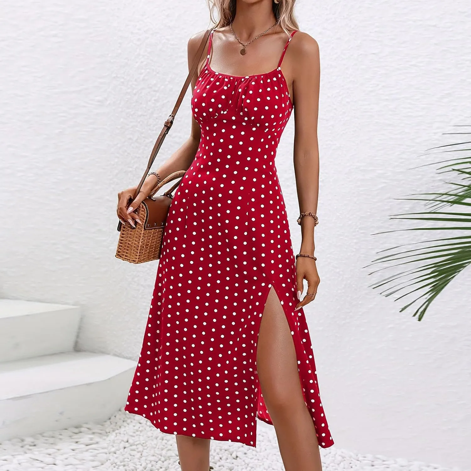 Women's Polka Dot Summer Dresses Sleeveless Ruched High Waist Casual Flowy Side Slit Cami Dress Boho Beach Sundress