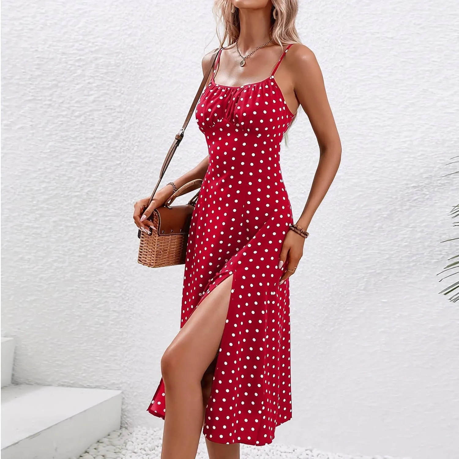 Women's Polka Dot Summer Dresses Sleeveless Ruched High Waist Casual Flowy Side Slit Cami Dress Boho Beach Sundress