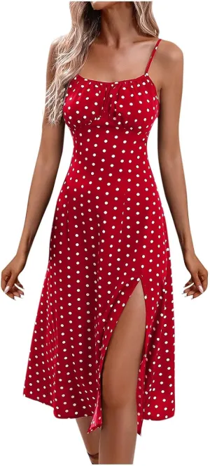 Women's Polka Dot Summer Dresses Sleeveless Ruched High Waist Casual Flowy Side Slit Cami Dress Boho Beach Sundress