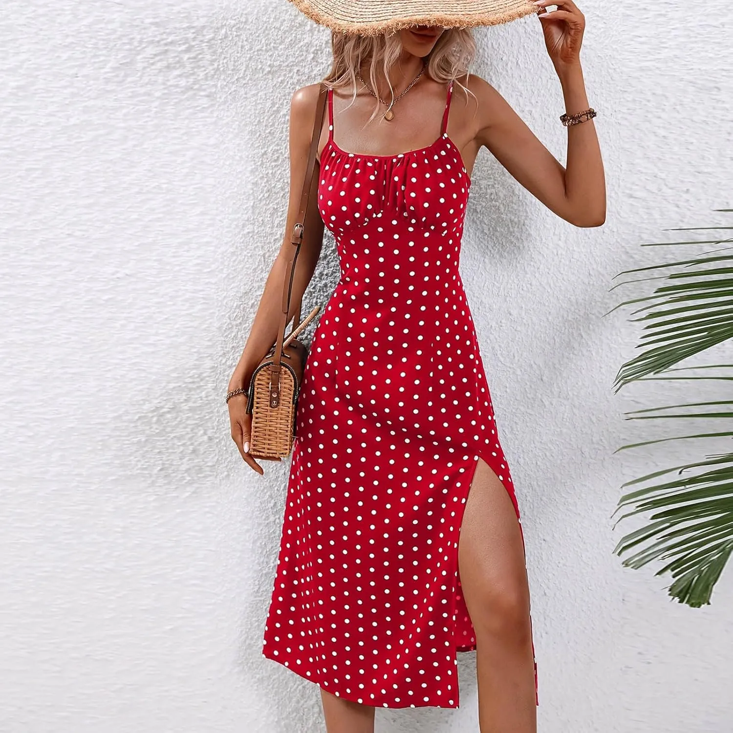 Women's Polka Dot Summer Dresses Sleeveless Ruched High Waist Casual Flowy Side Slit Cami Dress Boho Beach Sundress