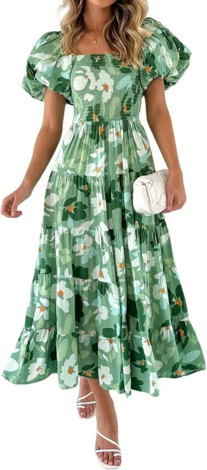 Women's Ruffle Floral Maxi Summer Dress 2025 Boho Off Shoulder Puff Sleeve Smocked Flowy Beach Dresses