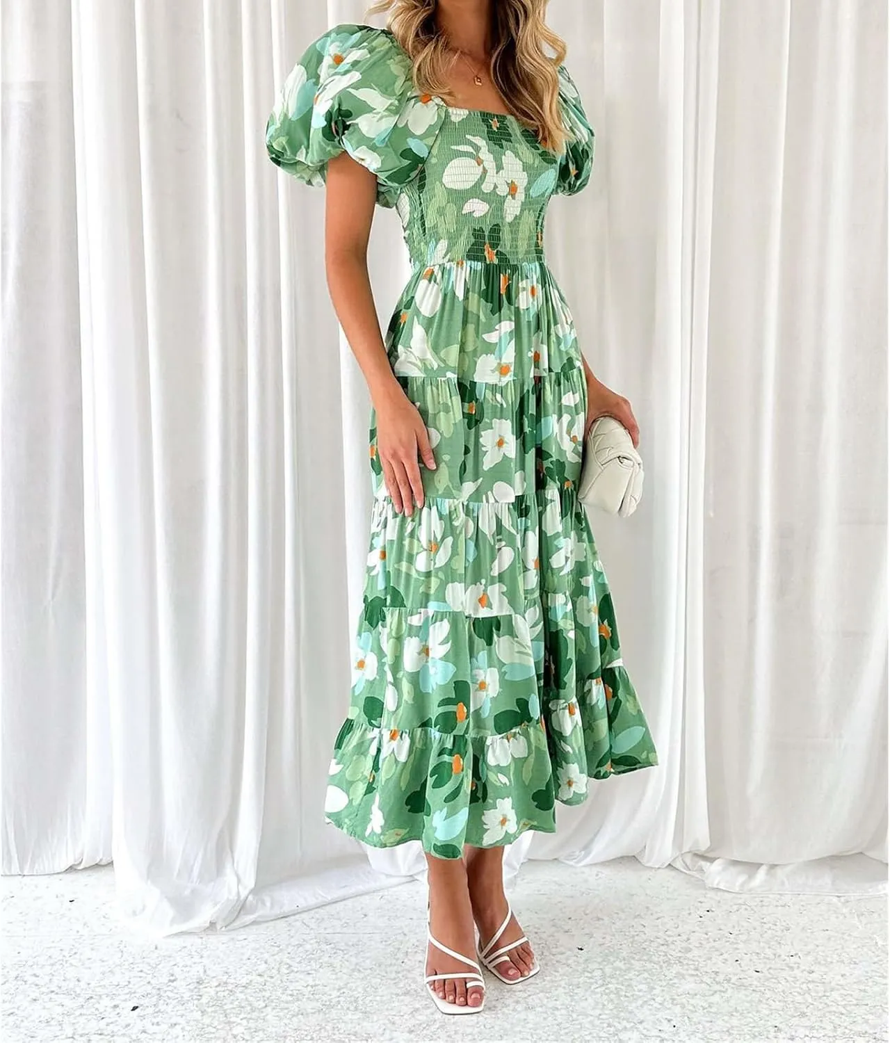 Women's Ruffle Floral Maxi Summer Dress 2025 Boho Off Shoulder Puff Sleeve Smocked Flowy Beach Dresses